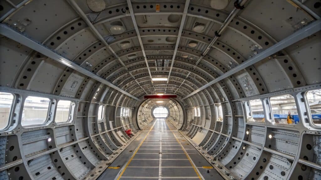 alt with keywords: cutaway view of an aircraft wing showing aluminum spars and ribs